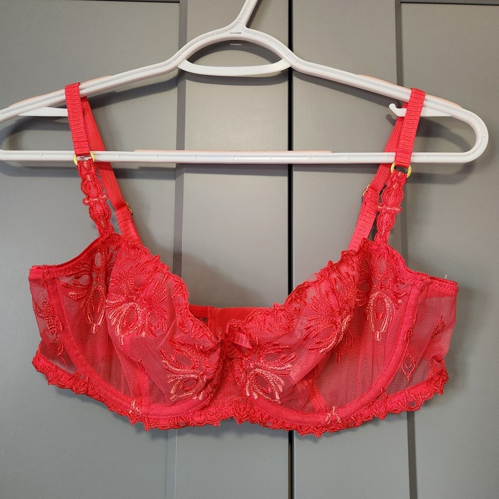 New Chantelle Red Embroidered Floral Mesh Bra 34D Sexy Lingerie Gold Balconette
